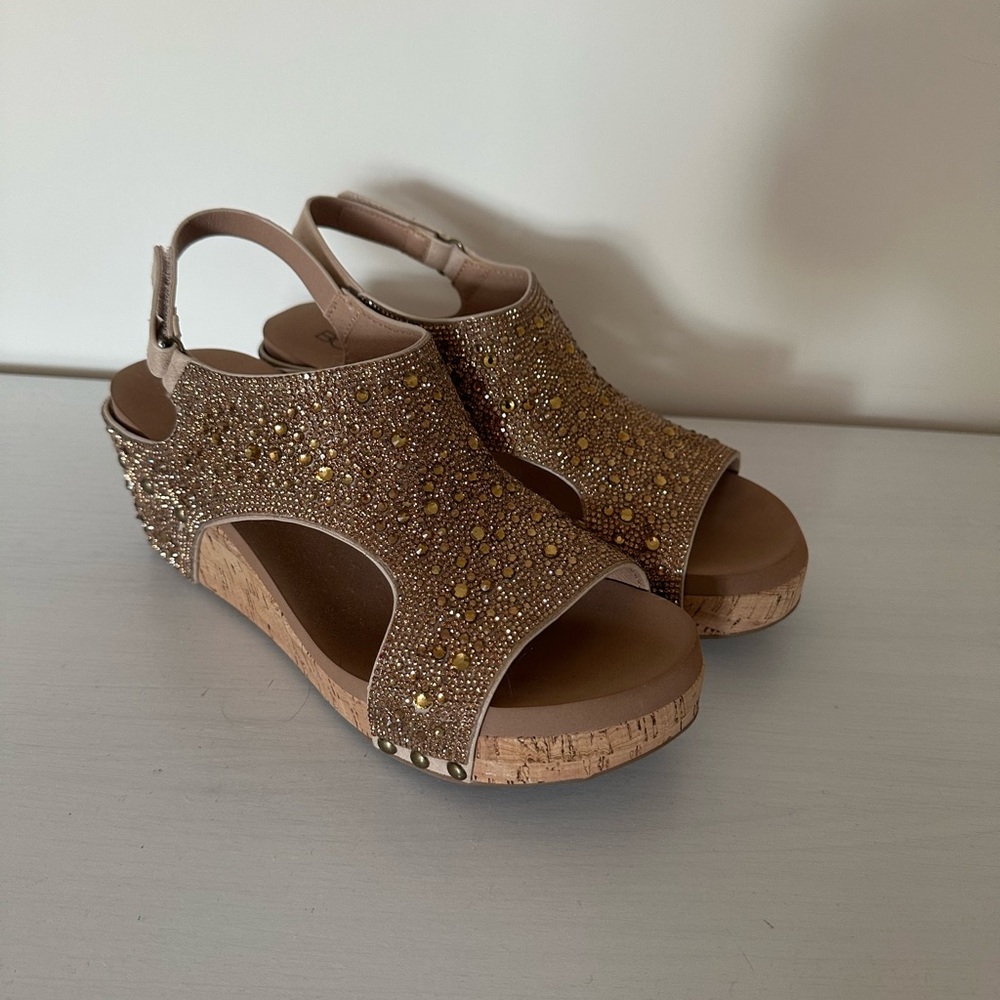 Corky’s Boutique Elegant Gold Embellished Wedge Sandals